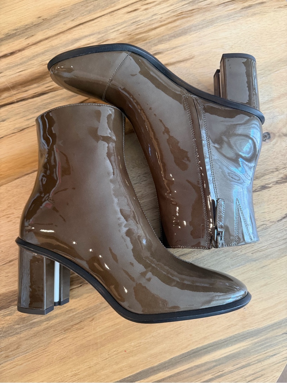 Tory Burch Glossy Taupe Patent Block Heel Ankle Boots
